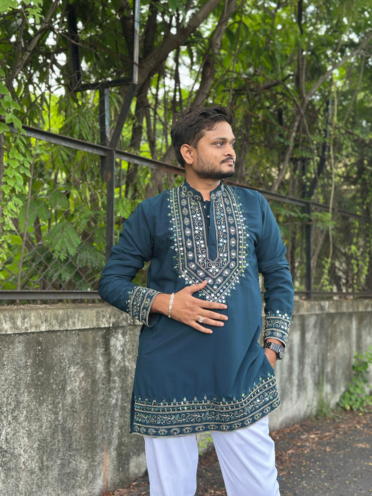 SHAHI AAINA - Teal Blue Mirror Embroidered Kurta