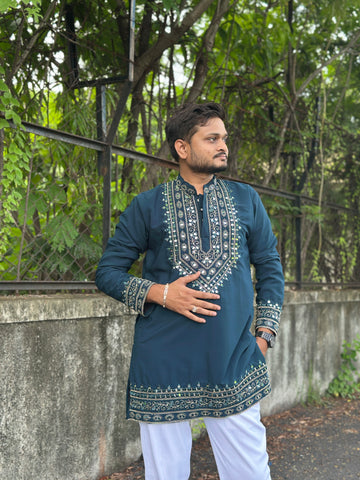 SHAHI AAINA - Teal Blue Mirror Embroidered Kurta