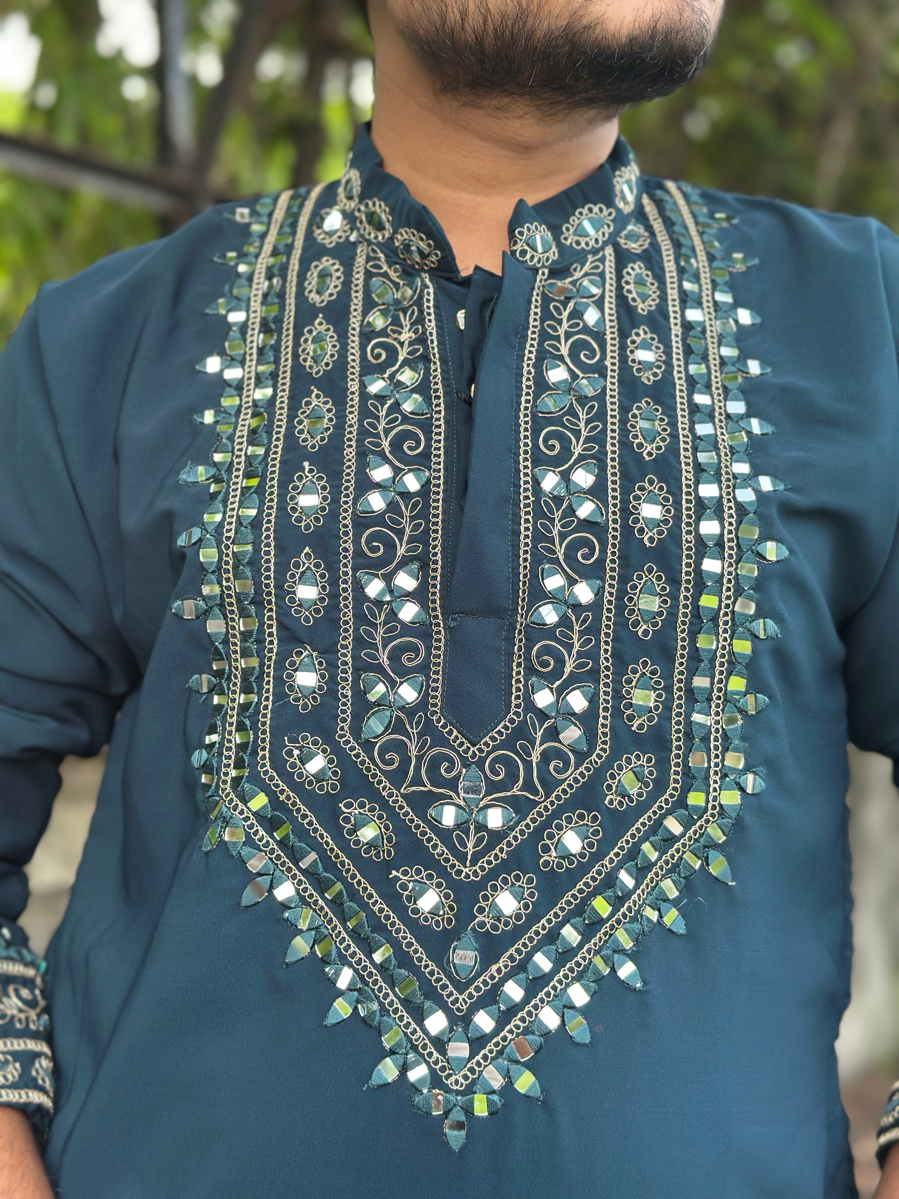SHAHI AAINA - Teal Blue Mirror Embroidered Kurta