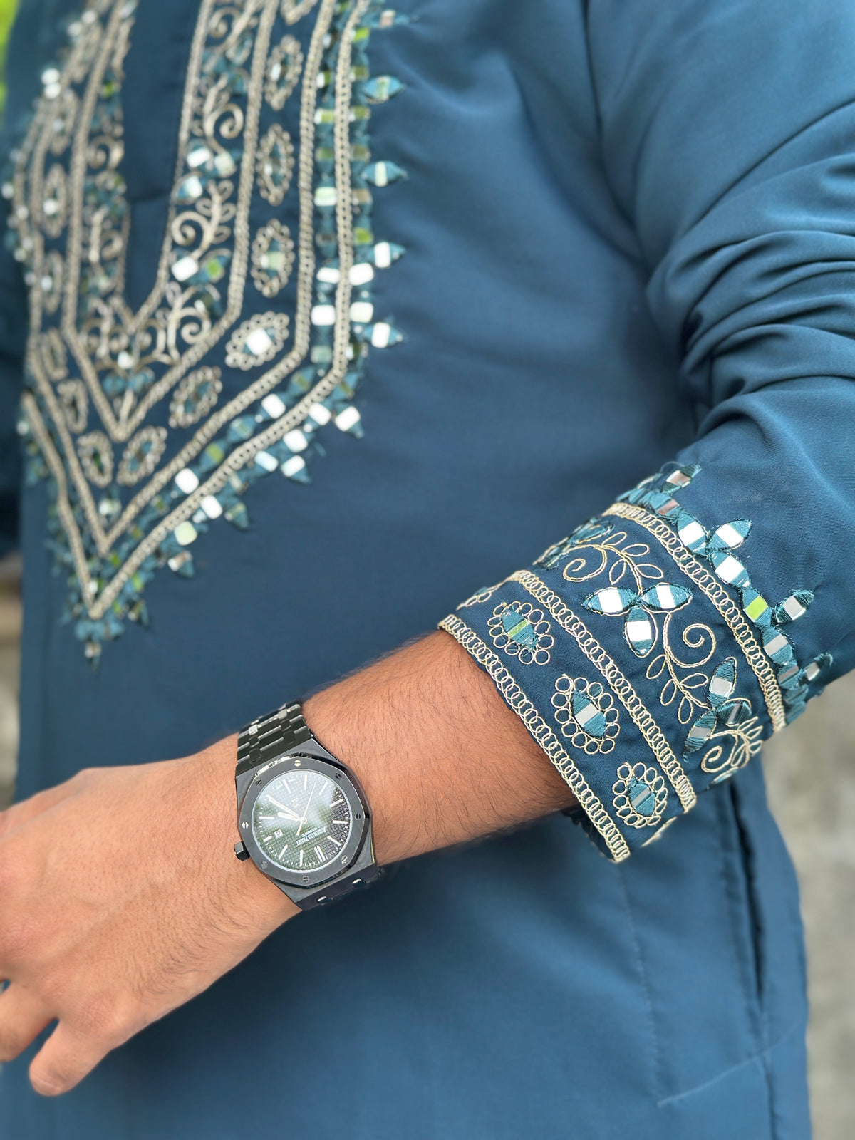 SHAHI AAINA - Teal Blue Mirror Embroidered Kurta