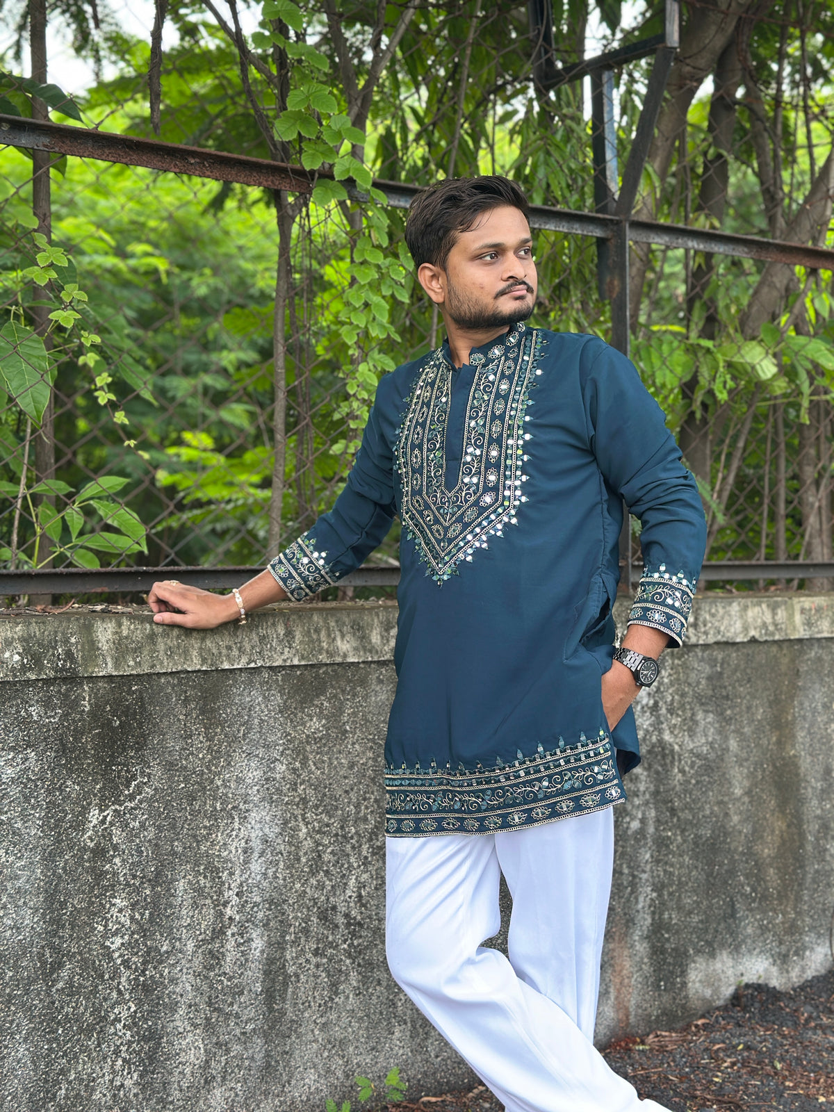 SHAHI AAINA - Teal Blue Mirror Embroidered Kurta