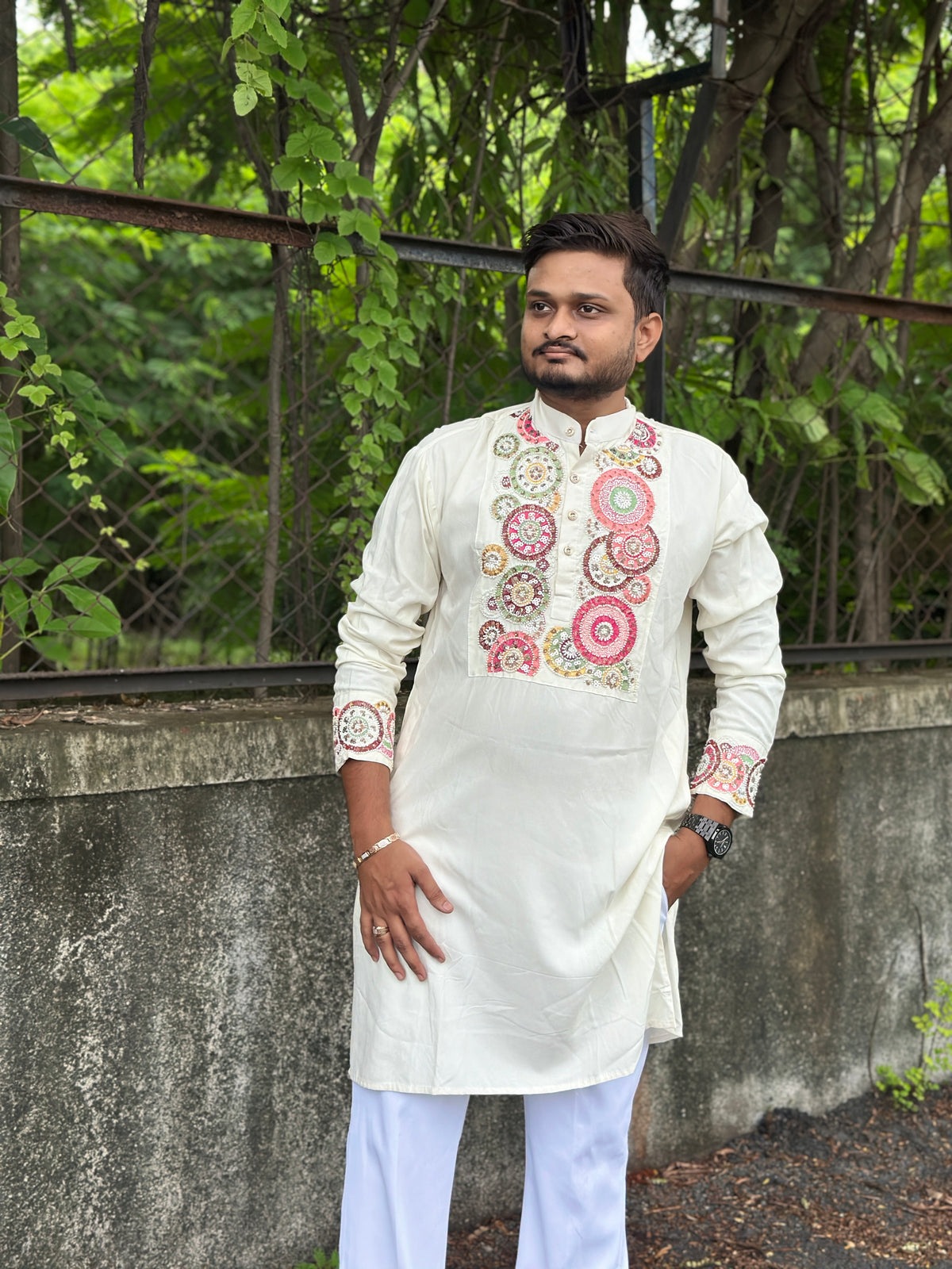White Hand Embroidered Beads Work Kurta for Men