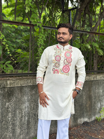 White Hand Embroidered Beads Work Kurta for Men