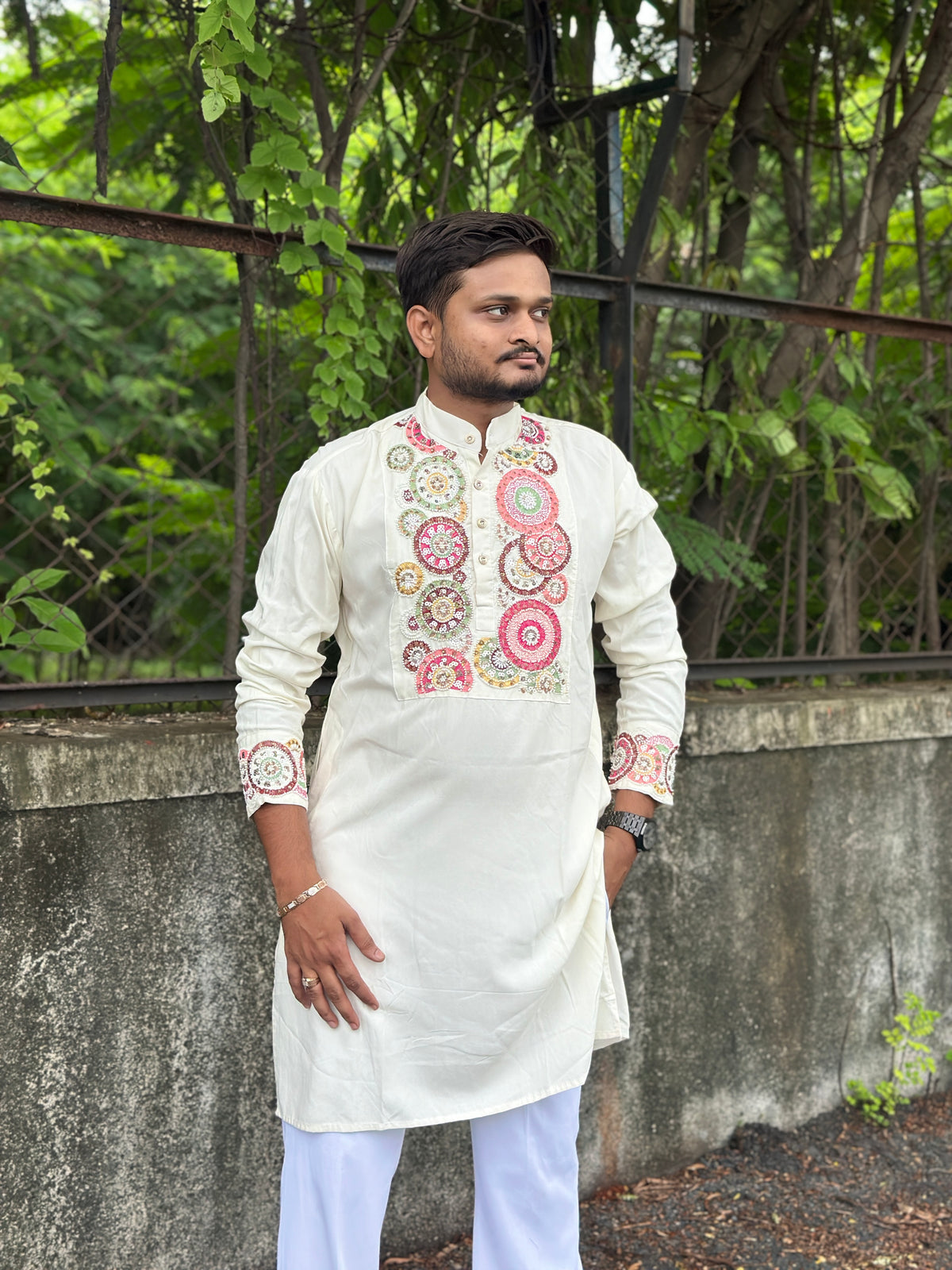 White Hand Embroidered Beads Work Kurta for Men