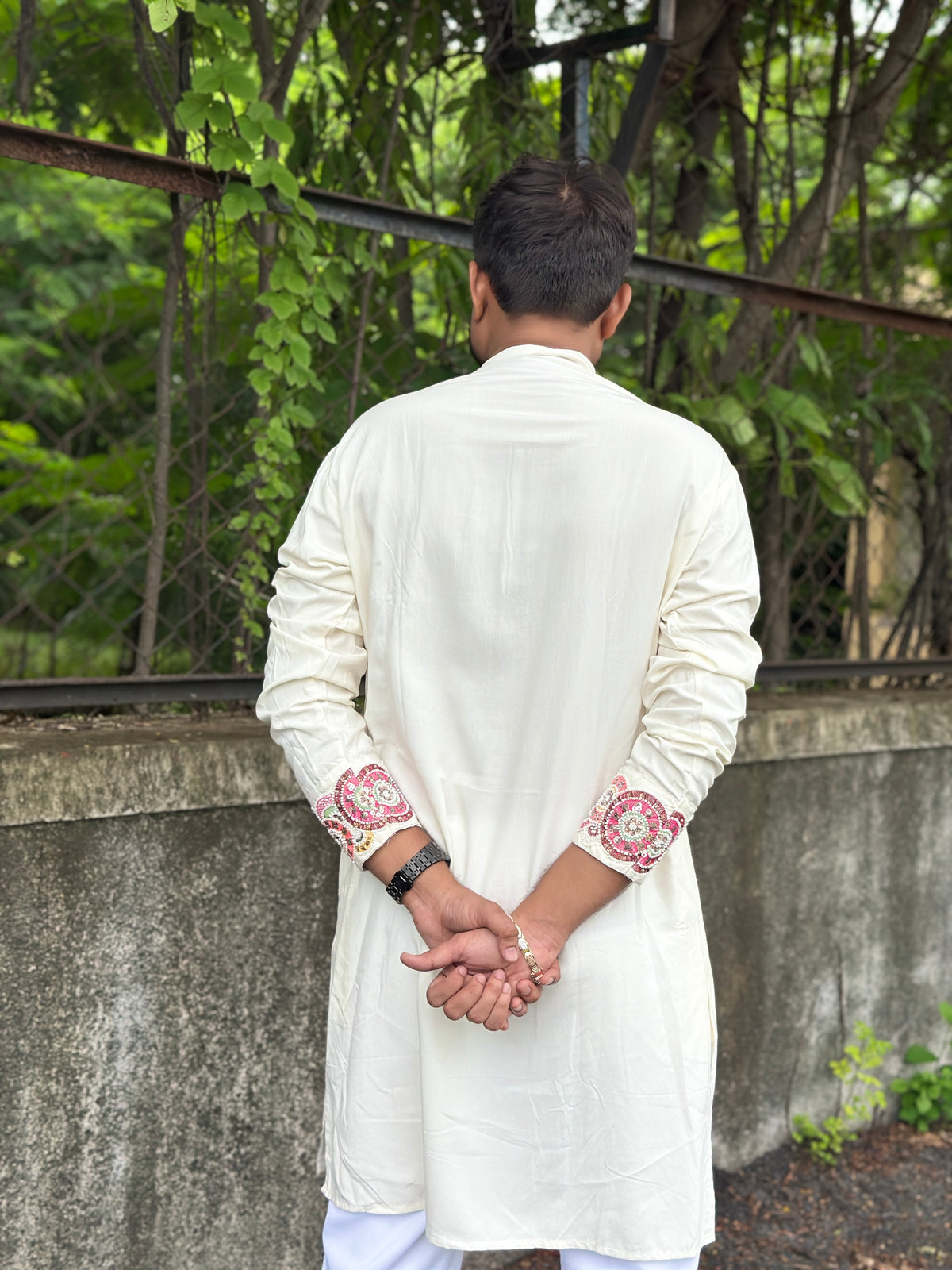 White Hand Embroidered Beads Work Kurta for Men
