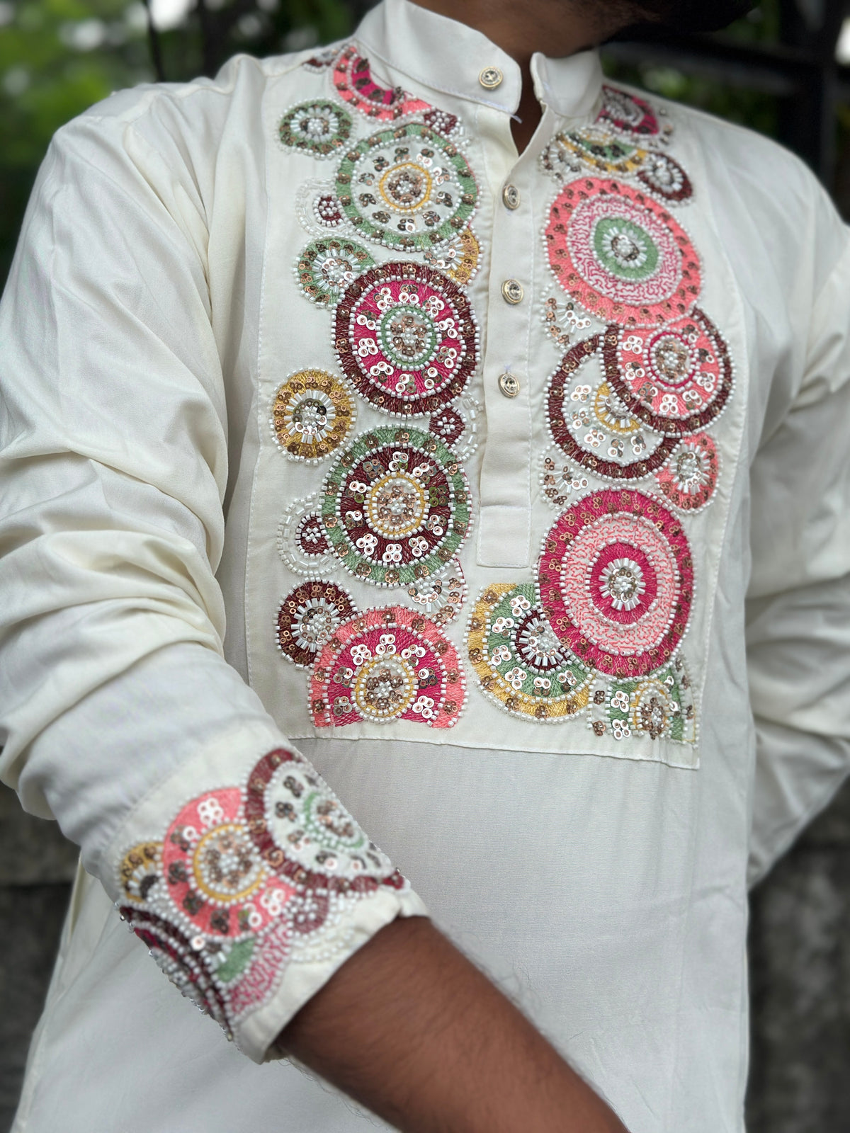 White Hand Embroidered Beads Work Kurta for Men