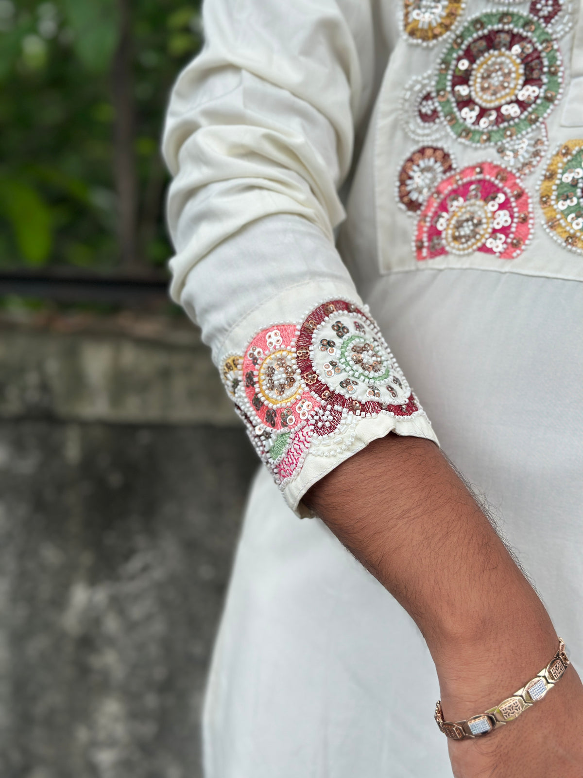 White Hand Embroidered Beads Work Kurta for Men