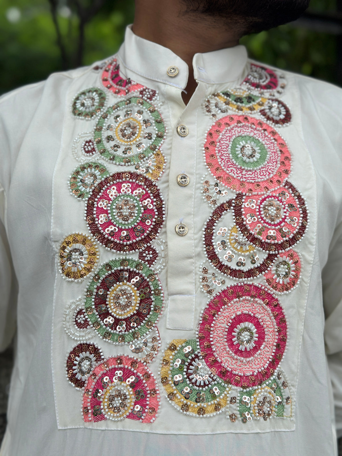 White Hand Embroidered Beads Work Kurta for Men
