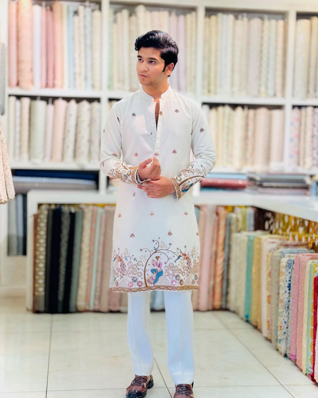 TREE N PEACOCK DAMAN PRINTED WORK KURTA PAJAMA SET FOR MEN'S